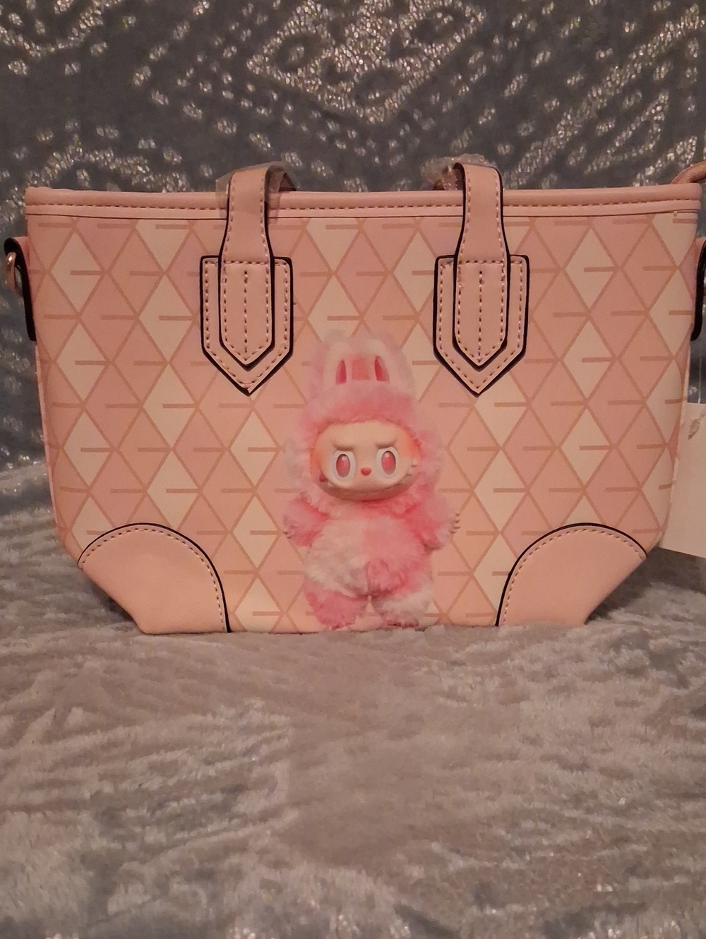 Pink Patterned Tote Bag with Plush Charm